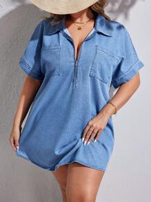 SHEIN SXY Plus Size Women's Simple Solid Color Short Sleeve Zipper Denim Dress