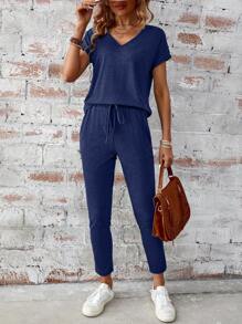 SHEIN LUNE Casual V-Neck Batwing Sleeve Summer Top And Pants Set For Women, Summer
