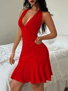 SHEIN Unity Women's Ruffle Tight-Fitting Tie Halter Backless Summer Dress For New Year Clothes