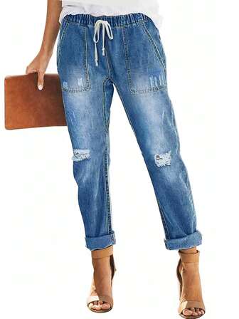 Drawstring Waist Ripped Mom Fit Jeans
