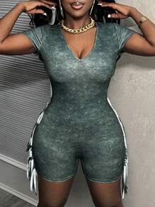 Slaydiva Casual Washed Print V-Neck Short Sleeve Fringe Tight Jumpsuit Unitard - Black - View 1
