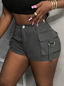 Slaydiva Quần short dạo phố lưng thun có khóa kéo Fly Cargo với vải dệt màu xám đậm và túi chức năng dành cho nữ - H - Màu xám đen - Xem 1