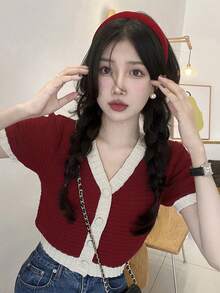 V 领撞色边休闲短袖针织上衣，夏季 - 紅色 - 查看 3