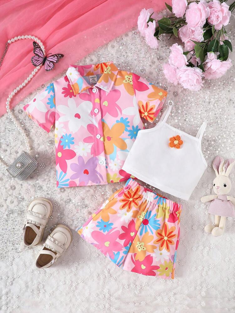 Baby Girl Summer Floral Printed Short Sleeve Shirt & Shorts With 3D Flower Decorated Strap