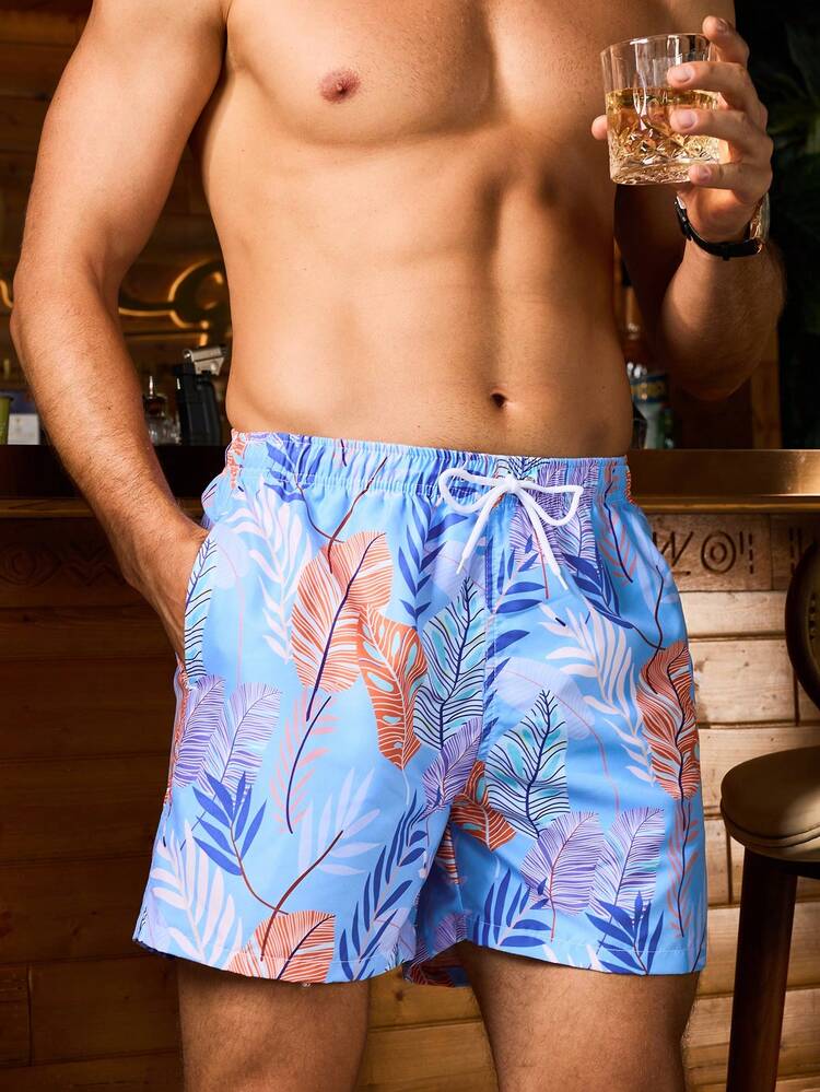 Men's Fashionable Loose Fit Leaf Print Summer Beach Shorts