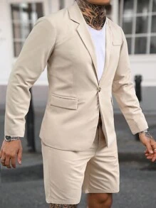 Manfinity Homme Men's Solid Color Single-Breasted Long Sleeve Suit Coat And Shorts With Pockets Casual Suit Set - Apricot - View 2