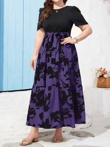 SHEIN Holidaya Vestido de talla grande para vacaciones y ocio con diseño de parches en colores contrastantes y estampados aleatorios - Morado - Ver 6