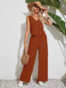 SHEIN Frenchy Setelan Dua Potong Wanita Warna Polos, Atasan Tanpa Lengan dan Celana Panjang, Gaya Liburan Klasik, Cocok untuk Pakaian Kembali ke Sekolah, Pakaian Alami Musim Panas - Burnt Orange - View 6