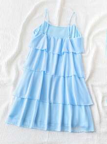 Soleia Váy voan nhiều tầng phong cách đi nghỉ dành cho nữ có viền xếp nếp, lãng mạn cho đám cưới mùa hè, bữa trưa dễ thương, xanh nhạt - Màu xanh nhạt - Xem 2