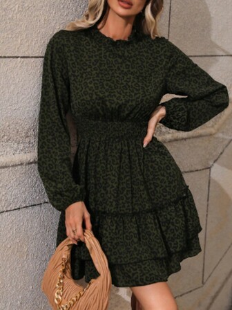 Women's Casual Leopard Print Empire Waist Lantern Sleeve Summer Dress