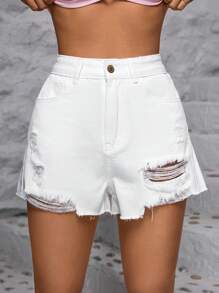 SHEIN EZwear Women's Solid Color Frayed Edge Distressed Denim Shorts, Summer - White - View 7