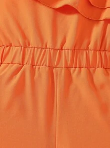 SHEIN Young Girls' Solid Color Asymmetrical Neckline Ruffle Lace Summer Sleeveless Romper - Orange - View 5