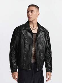 Manfinity RebelGame 男士春秋时尚索环装饰夹克，适合秋冬 - 黑色 - 查看 1