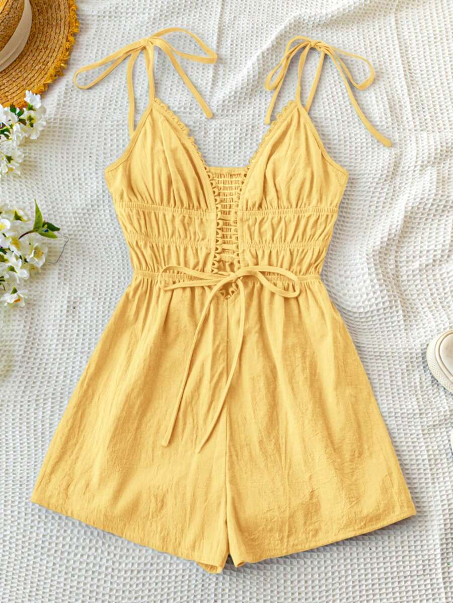 Soleia Women's Vacation-Style  Green Romper With Front & Midsection Hollow-Out Design, Strap & Casual All-Matching, Summer - Yellow - View 1