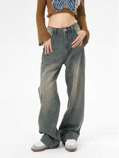 Women's Pockets Distressed Vintage Loose Straight Leg Jeans