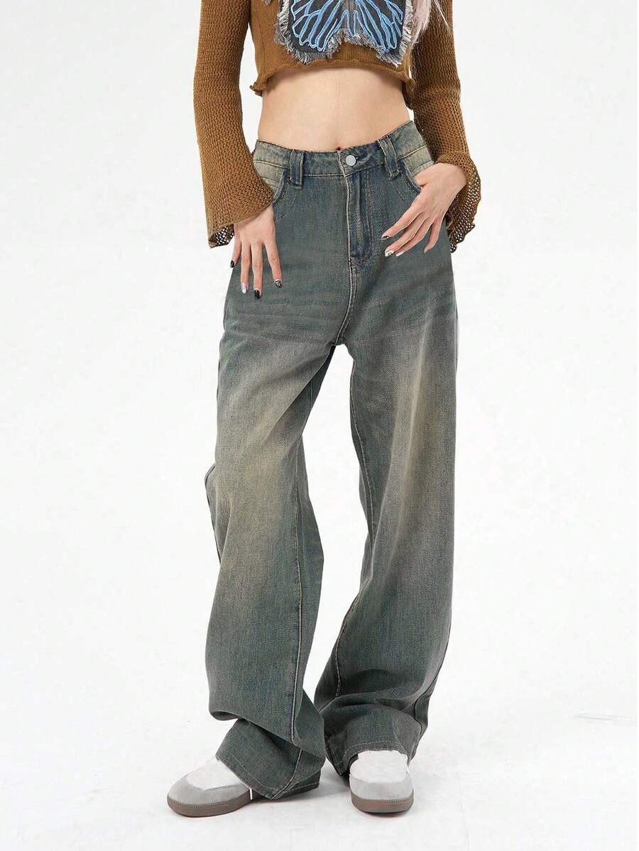 女式口袋做旧复古宽松直筒牛仔裤