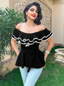 VaVaBold Women's Double Layered Ruffle Ruffle Elegant Top - Black - View 1