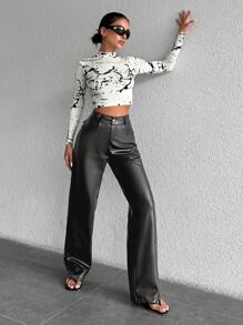 SHEIN Cottnline Vaqueros De Pierna Recta De Color Liso Para Mujer - Verde Oscuro - Ver 4