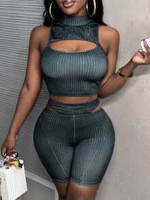 Slaydiva 2-Piece Casual Sexy Ribbed Print Solid Color Hollow-Out Cropped Tank Top And High Waisted Shorts Set For Women, Suitable For Summer - Black - View 3