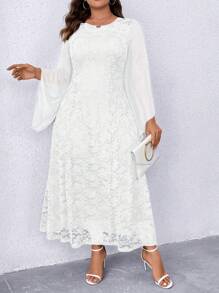 Plus Size Lace Patchwork Flare Sleeve Dress Maxi Women Outfit Fall Cloth For Women - White - View 1
