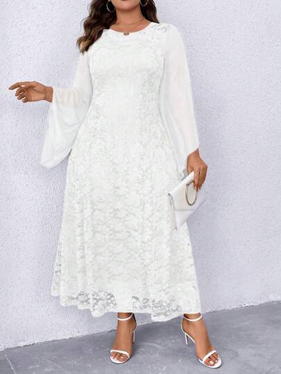Plus Size Lace Patchwork Flare Sleeve Dress Maxi Women Outfit Fall Cloth For Women