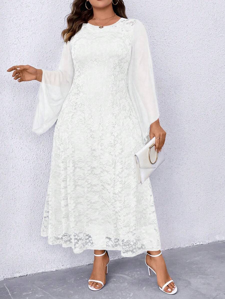 Plus Size Lace Patchwork Flare Sleeve Dress Maxi Women Outfit Fall Cloth For Women - White - View 1