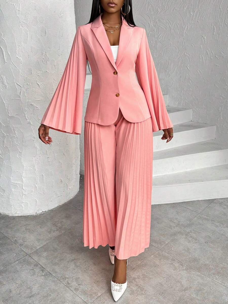Chiquease Ladies' Fashion Solid Color Long Sleeve Long Pants Suit - Pink - View 1