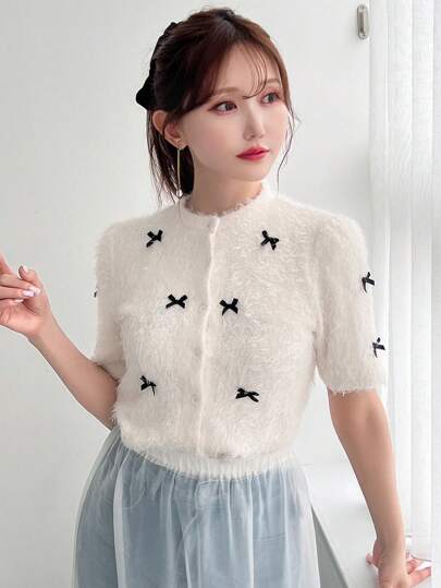 FRIFUL 女款夏季短袖圓領T卹，蝴蝶結裝飾