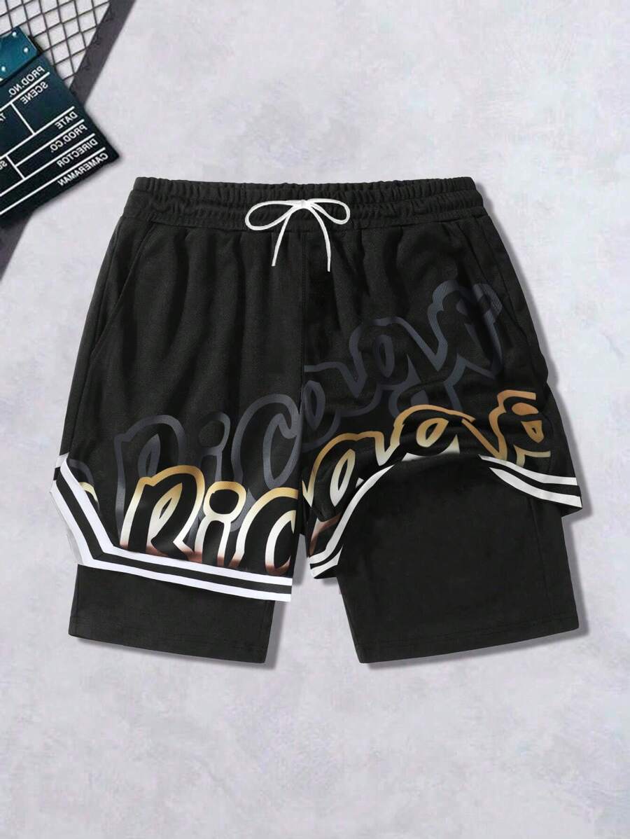 SHEIN Aesthetic Post--Men's Casual Summer Shorts With Letter Print - Black - View 1