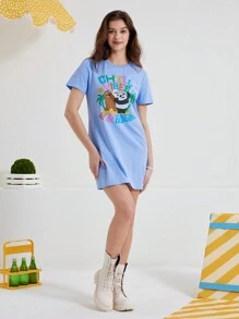 We Bare Bears X SHEIN 夏季卡通熊印花短袖連衣裙 - 淺色水洗藍 - 查看 7