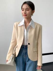 GENKIRA 女士素色極簡日常長袖西裝外套 - 卡其色 - 查看 9