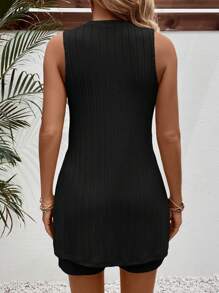 SHEIN 孕妇假日休闲纯色侧开叉背心和短裤套装 - 黑色 - 查看 2