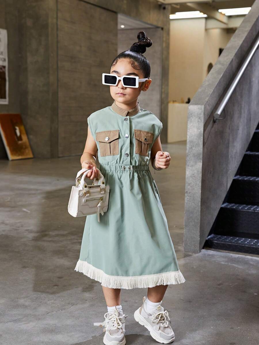 SHEIN Cổ áo màu cà phê hợp thời trang dành cho các cô gái trẻ với túi đàn accordion ở ngực, -Váy cạp cao màu xanh lá cây có tua rua ở viền, mùa hè - xanh quân đội - Xem 1