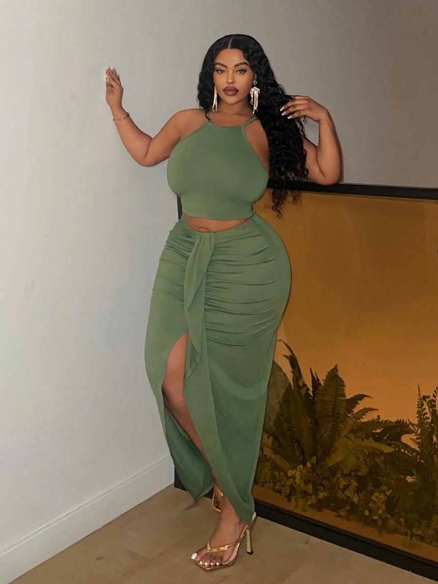 Slaydiva 大码度假优雅休闲风格绿色无袖吊带背心和不对称下摆裙子套装，刺绣领子，女士 2 件套服装，春夏