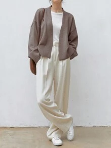 Dazy-Less Women's Casual Everyday Commute Simple Solid Color Dropped Shoulder Loose Wrap Tie Front Cardigan, Autumn/Winter Business Casual Woman - Khaki - View 5