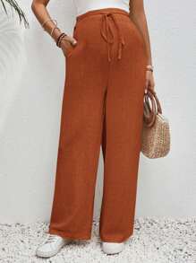 SHEIN Pregnant Women's Vacation And Leisure Solid Color High Waist Straight-Leg Pants For Maternity - Rust Brown - View 5