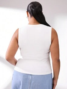 SHEIN BASICS Casual Sport Solid Color Knitted Slim-Fit Square Neck Plus Size Top, Regular With Chest Pad, Basic Style - White - View 2