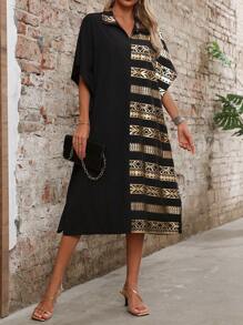 SHEIN LUNE 女士夏季寬鬆直筒蝙蝠袖連衣裙，金箔幾何印花（隨機圖案） - 卡其色 - 查看 6