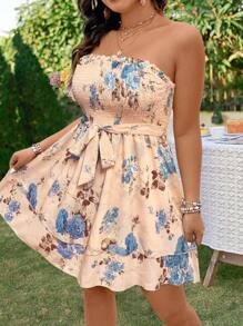 Breezaya Plus Size Women's Floral Print Ruched Strapless Dress For Vacation - Pink - View 4