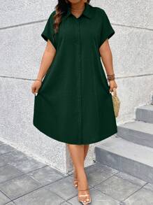 SHEIN LUNE CURVE Gaun Kasual Musim Panas Lengan Pendek Kancing Depan Kerah Lipat Warna Polos Ukuran Besar untuk Wanita - Dark Green - View 5