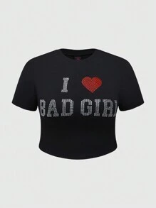 ROMWE Grunge Punk Plus Size Y2K Trái Tim Chữ Đồ Họa Đính Kim Cương Giả Tôn Dáng Slim Fit Áo Thun Crop Top - màu đen - Xem 1