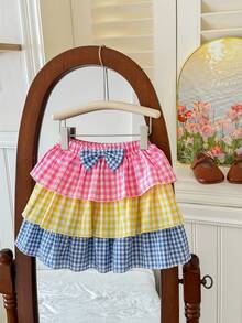 SHEIN Young Girl Woven Plaid Colorblock Casual A-Line Skirt - Multicolor - View 3