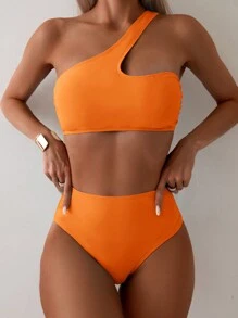 Swim Basics 女士夏季沙滩单肩镂空性感比基尼套装两件套比基尼套装泳衣 - 橘色 - 查看 1
