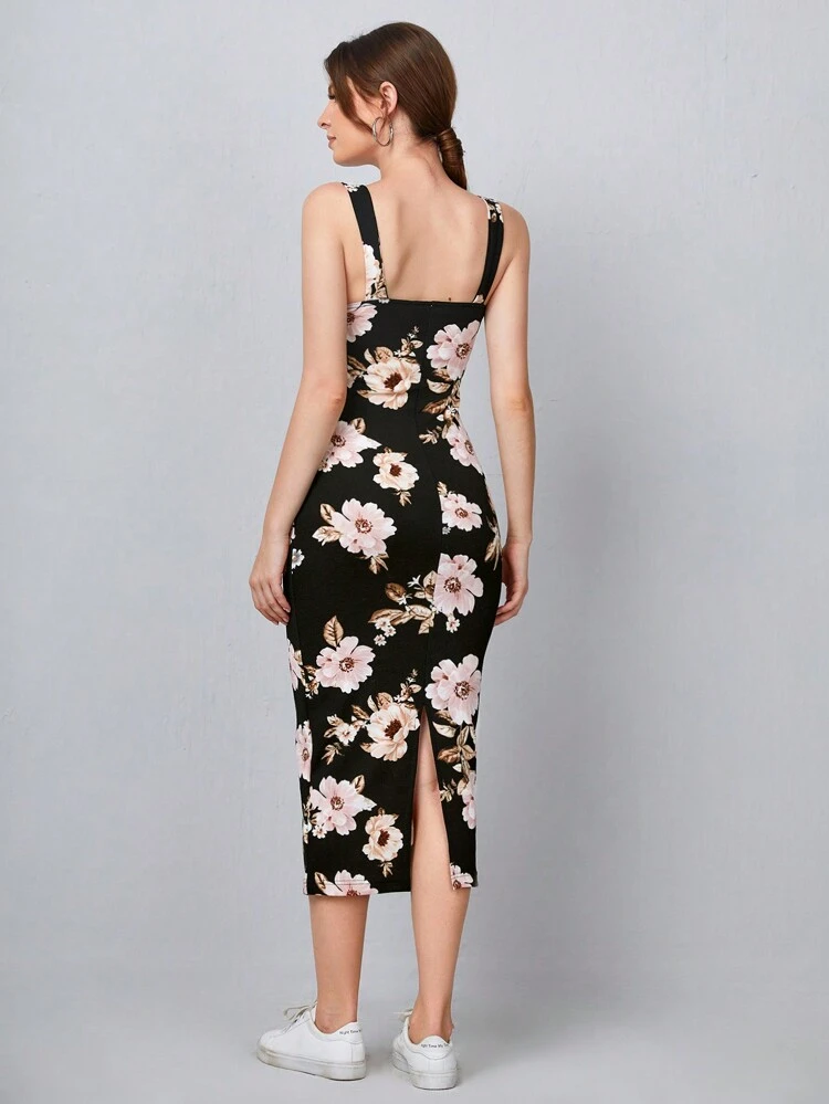 Split Hem Floral  Bodycon Dress
