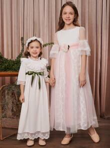 SHEIN Summer Elegant And Stylish Lace Patchwork Dress With 3d Flower Decoration For Tween Girls - White - View 1