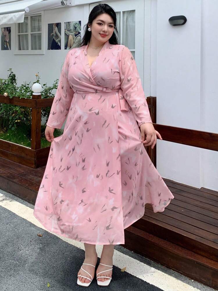Dazy Plus Plus Size Floral V-Neck Tie-Waist Long Sleeve Dress,Fall Dress Maxi Dress
