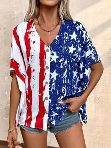 SHEIN LUNE Áo kiểu cổ chữ V in cờ thời trang cho nữ - Nhiều màu - Xem 3