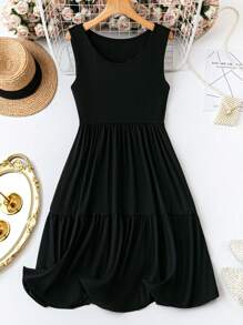EMERY ROSE Plus Size Women's Summer Solid Color Ruffled Hem Round Neck Sleeveless Casual Dress - Black - View 6