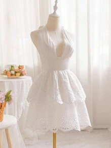 Soleia Wish You Were Here 女士休闲度假/夏季连衣裙，适合婚礼、毕业典礼、复活节派对、休闲午餐、度假装、蕾丝和花卉拼布、弹性 V 领迷你连衣裙，白色 - 白色 - 查看 2