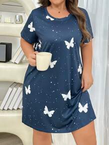 Vestido de pijama de manga corta con estampado de mariposa y cuello redondo, para uso en verano, talla grande